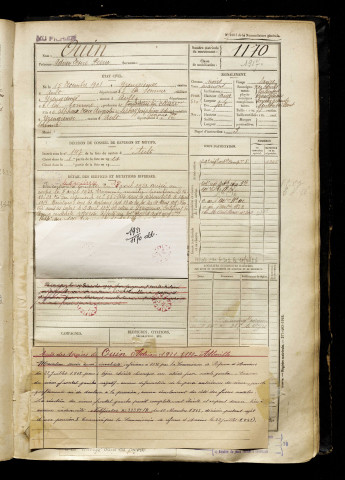 Ouin, Adrien Désiré Pierre, né le 15 décembre 1901 à Yzengremer (Somme), classe 1921, matricule n° 1170, Bureau de recrutement d'Abbeville