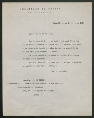 Témoignage de De Witte, Jules et correspondance avec Jacques Péricard