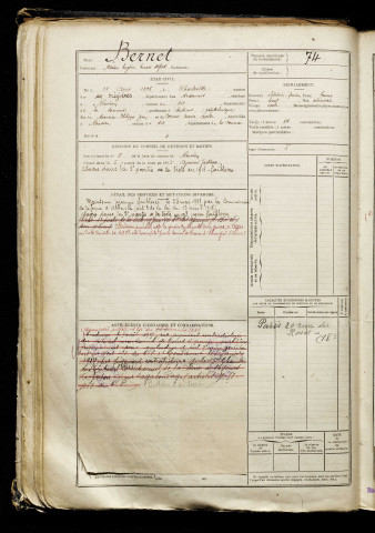 Bernet, Adrien Eugène Ernest Alfred, né le 18 août 1896 à Charleville-Mézières (Ardennes), classe 1916, matricule n° 74, Bureau de recrutement d'Abbeville