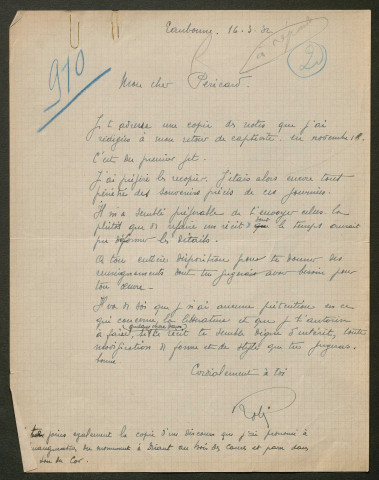 Témoignage de Robin, André (Lieutenant) et correspondance avec Jacques Péricard