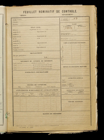 Inconnu, classe 1917, matricule n° 17, Bureau de recrutement d'Amiens