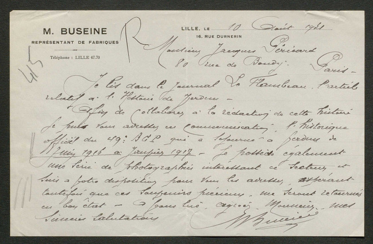 Témoignage de Buseine, Maurice et correspondance avec Jacques Péricard