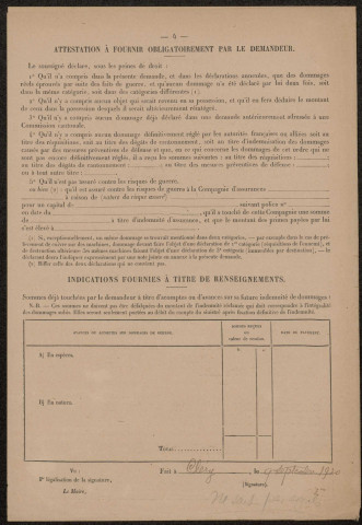 Cléry-sur-Somme. Demande d'indemnisation des dommages de guerre : dossier Bourleaux-Choque