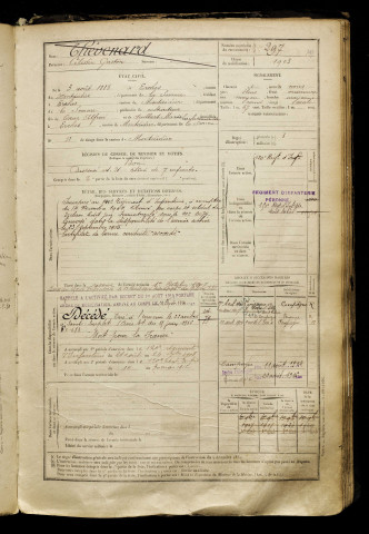 Thévenard, Célestin Gaston, né le 03 août 1883 à Erches (Somme), classe 1903, matricule n° 297, Bureau de recrutement de Péronne
