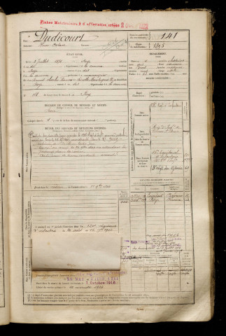 Dudicourt, Henri Octave, né le 08 juillet 1875 à Roye (Somme), classe 1895, matricule n° 141, Bureau de recrutement de Péronne