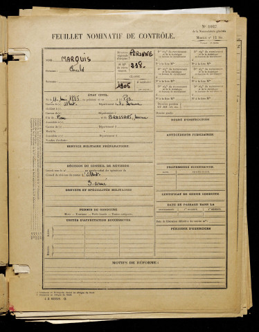 Marquis, Charles, né le 11 mai 1885 à Pys (Somme), classe 1905, matricule n° 238, Bureau de recrutement de Péronne