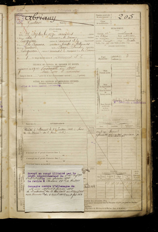 Abriany, Gustave, né le 25 septembre 1879 à Amiens (Somme), classe 1899, matricule n° 205, Bureau de recrutement d'Amiens