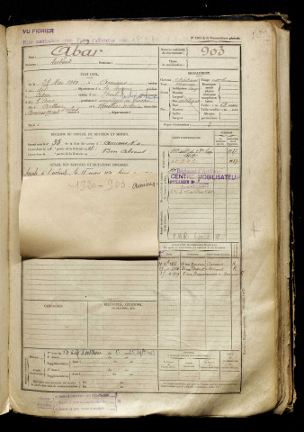 Abar, Aubert, né le 28 mai 1900 à Amiens (Somme), classe 1920, matricule n° 903, Bureau de recrutement d'Amiens