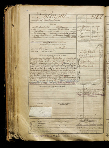 Colmont, Marcel Gustave Léon, né le 11 avril 1899 à Béthune (Pas-de-Calais), classe 1919, matricule n° 1182, Bureau de recrutement d'Abbeville