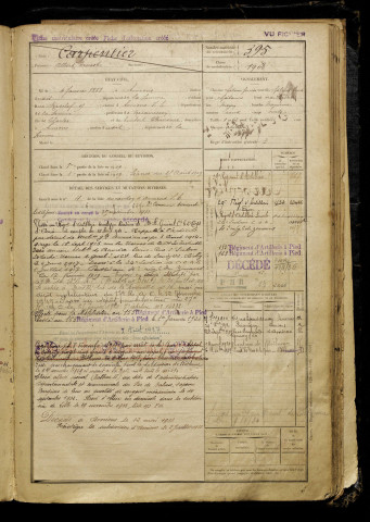Carpentier, Albert Ernest, né le 04 janvier 1888 à Amiens (Somme), classe 1908, matricule n° 395, Bureau de recrutement d'Amiens