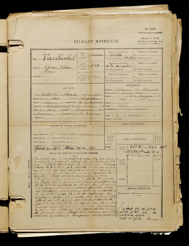 Vanberkel, Adrien Julien Henri, né le 28 mars 1891 à Bergues (Nord), classe 1911, matricule n° 638, Bureau de recrutement d'Amiens