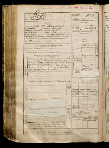 Ruffet, Charles Alexandre, né le 30 juillet 1875 à Contoire (Somme), classe 1895, matricule n° 432, Bureau de recrutement de Péronne