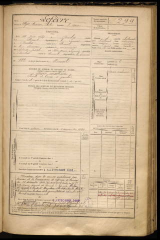 Lefèvre, Ulysse Maxime Emile, né le 14 juin 1867 à Braches (Somme), classe 1887, matricule n° 299, Bureau de recrutement de Péronne