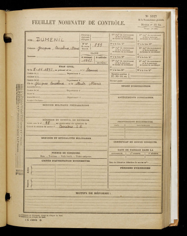 Dumenil, Jacques Anselme Marie, né le 08 novembre 1893 à Havre (Le) (Seine-Maritime), classe 1913, matricule n° 899, Bureau de recrutement d'Amiens