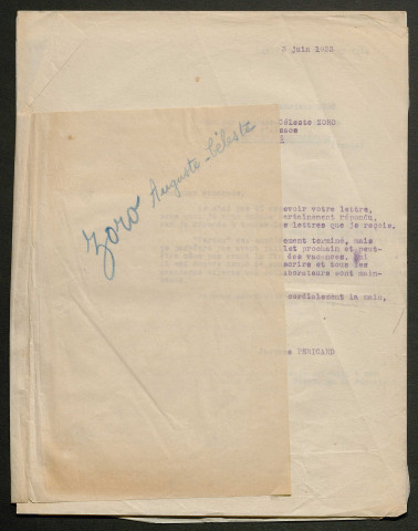 Témoignage de Zoro, Auguste Céleste (Sergent) et correspondance avec Jacques Péricard