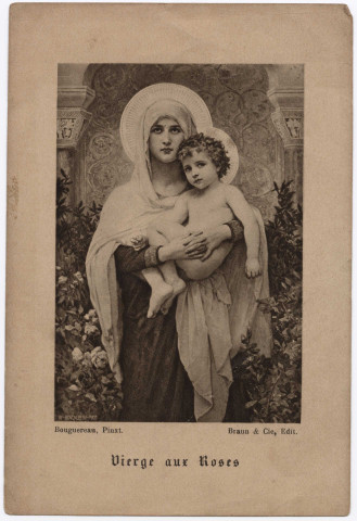 Vierge aux Roses. A ma chère petite Simone en souvenir de la retraite de 1923 prêchée par le révérend père Duchaussoy. Signé : Anne