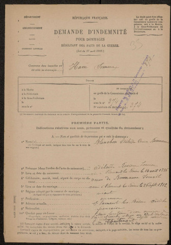Ham. Demande d'indemnisation des dommages de guerre : dossier Blanchon-Bonnaure