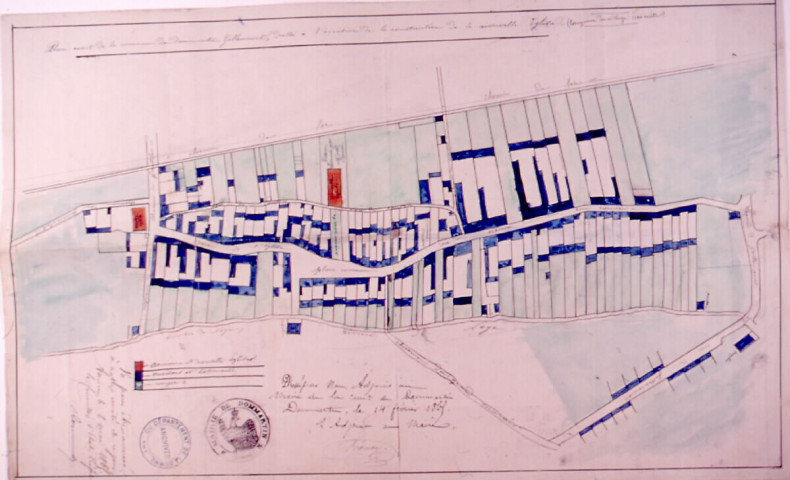 Plan exact de la commune de Dommartin-Gollencourt, dressé à l'occasion de la construction de la nouvelle église