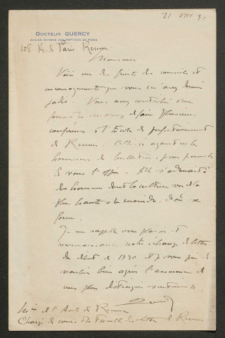 Témoignage de Quercy (Docteur) et correspondance avec Jacques Péricard