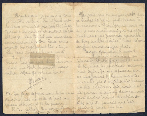 Lettre de Maurice Robbe à sa mère, prisonnier et en attente de son jugement