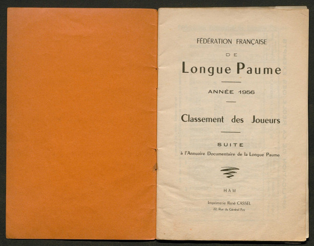 Opuscule (année 1956). Fédération française de Longue Paume : classement des joueurs. Suite à l'annuaire documentaire de la Longue Paume