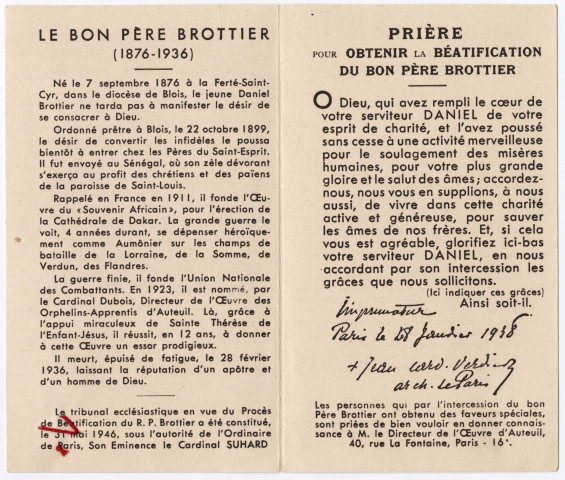 Père Daniel Brottier, assistant général des Pères du Saint-Esprit, Directeur de l'Oeuvre des Orphelins-Apprentis d'Auteuil, missionnaire au Sénégal, Fondateur du Souvenir Africain, Officier de la Légion d'Honneur, Croix de Guerre, décédé saintement le 28 février 1938 à l'âge de 59 ans. Etoffe ayant touché au Père Brottier. Extrait de l'allocation prononcée par le Cardinal Verdier archevêque de Paris lors de ses obsèques le 2 mars 1936