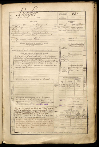 Boucher, Marc Emile, né le 21 juin 1873 à Miraumont (Somme), classe 1893, matricule n° 681, Bureau de recrutement de Péronne