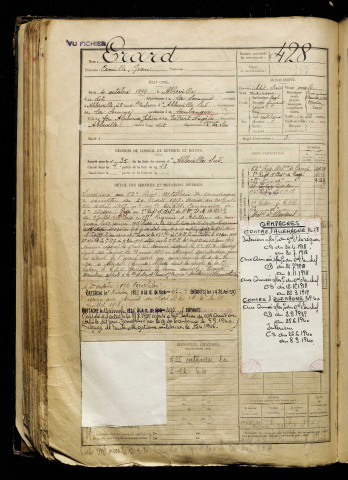 Erard, Camille Jean, né le 04 octobre 1899 à Abbeville (Somme), classe 1919, matricule n° 428, Bureau de recrutement d'Abbeville