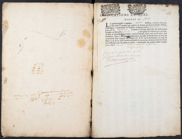 Centième denier du bureau de Conty pour la période du 4 août 1710 au 22 juin 1714