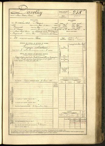 Daveluy, Marie Isidore René, né le 21 octobre 1863 à Etampes (Essonne, France), classe 1883, matricule n° 258, Bureau de recrutement d'Amiens