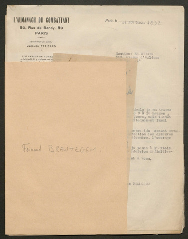 Témoignage de Brantegem, Fernand et correspondance avec Jacques Péricard