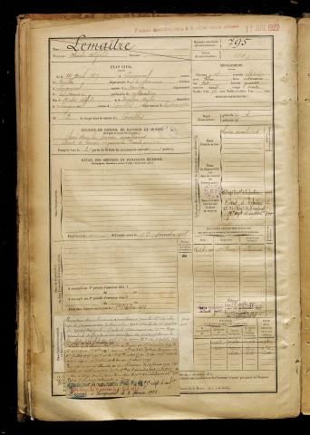Lemaître, Charles Alfred, né le 14 avril 1877 à Longueval (Somme), classe 1897, matricule n° 795, Bureau de recrutement de Péronne