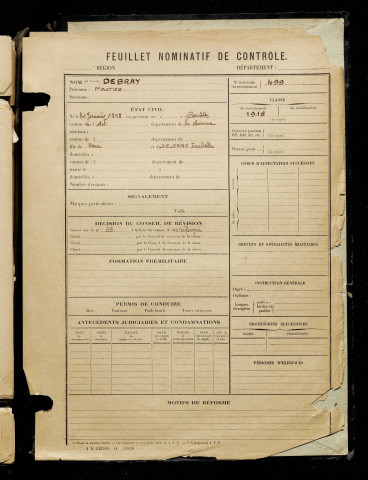 Debray, Maurice, né le 03 janvier 1898 à Combles (Somme), classe 1918, matricule n° 499, Bureau de recrutement de Péronne