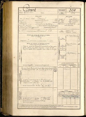 Gérard, Arthur, né le 18 avril 1864 à Amiens (Somme, France), classe 1884, matricule n° 804, Bureau de recrutement d'Amiens