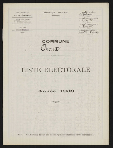 Liste électorale : Oneux