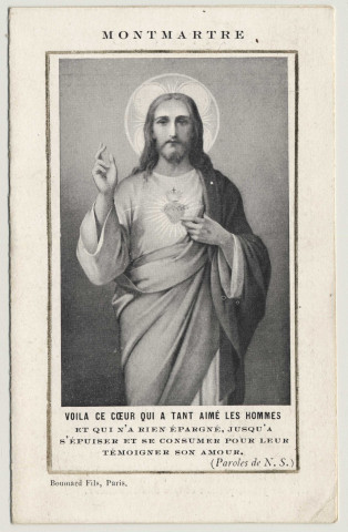 Montmartre. Voilà ce coeur qui a tant aimé les hommes, qu'il n'a rien épargné jusqu'à s'épuiser et se consommer pour leur témoigner son amour. Promesses de Notre Seigneur à la Bienheureuse Marguerite-Marie (extraits des écrits de la Bienheureuse)