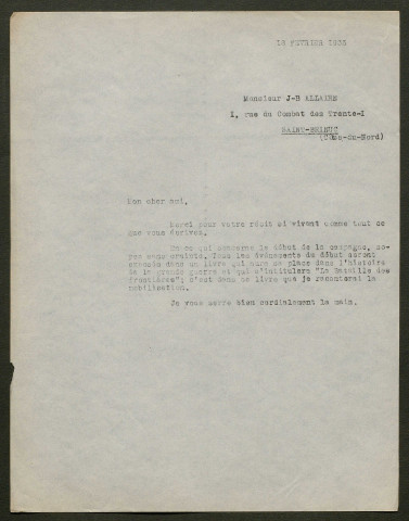 Témoignage de Allaire, Jean-Baptiste et correspondance avec Jacques Péricard