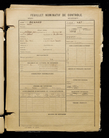 Benard, Henri, né le 18 février 1898 à Miraumont (Somme), classe 1918, matricule n° 487, Bureau de recrutement de Péronne