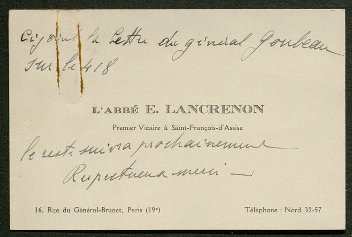 Témoignage de Lancrenon, E. (Abbé) et correspondance avec Jacques Péricard