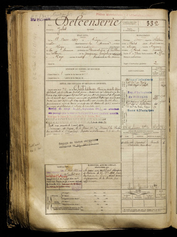 Delcenserie, Jules, né le 13 août 1889 à Roye (Somme), classe 1909, matricule n° 332, Bureau de recrutement de Péronne
