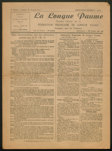 Longue Paume (numéro 18), revue officielle de la Fédération Française de Longue Paume