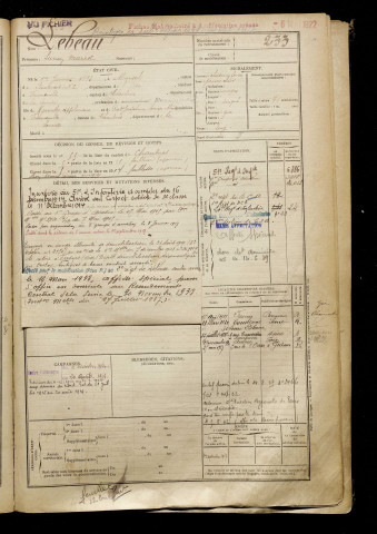 Lebeau, Lucien Marcel, né le 01 janvier 1893 à Beauvais (Oise), classe 1913, matricule n° 233, Bureau de recrutement de Péronne