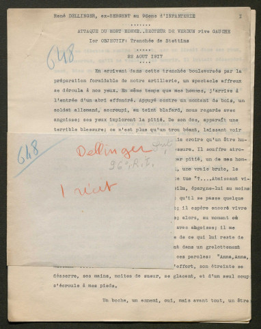 Témoignage de Dellinger, René (Sergent) et correspondance avec Jacques Péricard