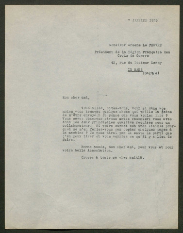 Témoignage de Le Feuvre, Arsène et correspondance avec Jacques Péricard