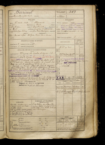 Bariseel, Maurice Marie Jules Charles, né le 15 août 1889 à Steenwerck (Nord), classe 1909, matricule n° 387, Bureau de recrutement d'Amiens