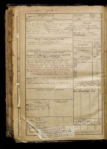 Jongleux, Léonce, né le 26 avril 1899 à Buire-Courcelles (Somme), classe 1919, matricule n° 998, Bureau de recrutement de Péronne