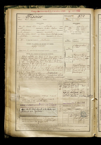 Fissier, Emile Maurice, né le 14 janvier 1879 à Nantes (Loire-Atlantique), classe 1899, matricule n° 822, Bureau de recrutement de Péronne