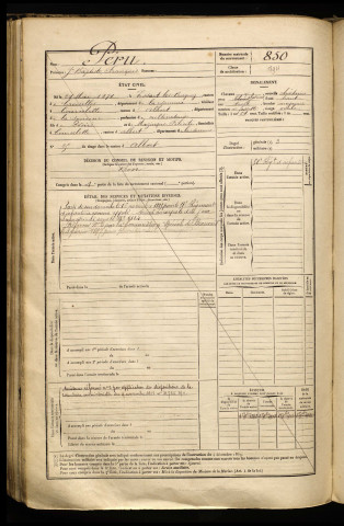 Péru, Jean Baptiste François, né le 24 mai 1874 à Bucquoy (Pas-de-Calais), classe 1894, matricule n° 850, Bureau de recrutement de Péronne