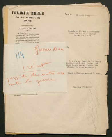 Témoignage de Gireaudeau, J.(Abbé) et correspondance avec Jacques Péricard