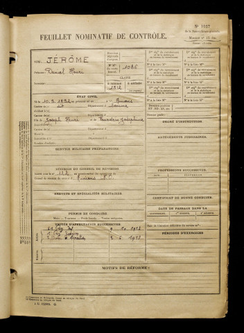 Jérôme, Daniel Henri, né le 10 septembre 1892 à Amiens (Somme), classe 1912, matricule n° 1036, Bureau de recrutement d'Amiens